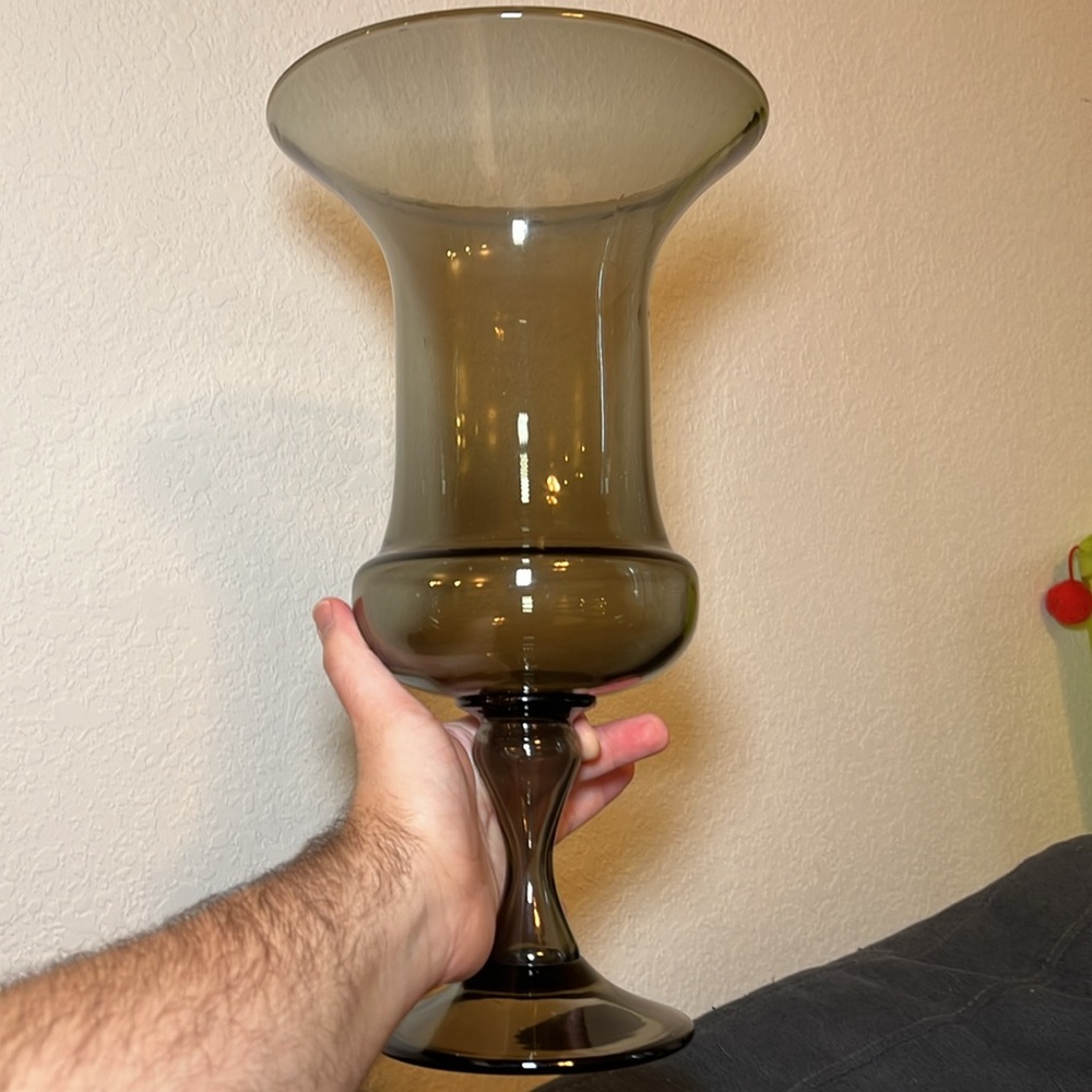 15” Large Vintage Italian Empoli Glass Urn Vase Grey Smokey Quartz Tuscany MCM